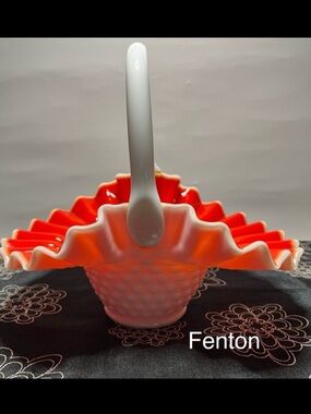 Vintage Fenton Hobnail Basket Ruby Red Overlay with White Handle & Ruffled Edge